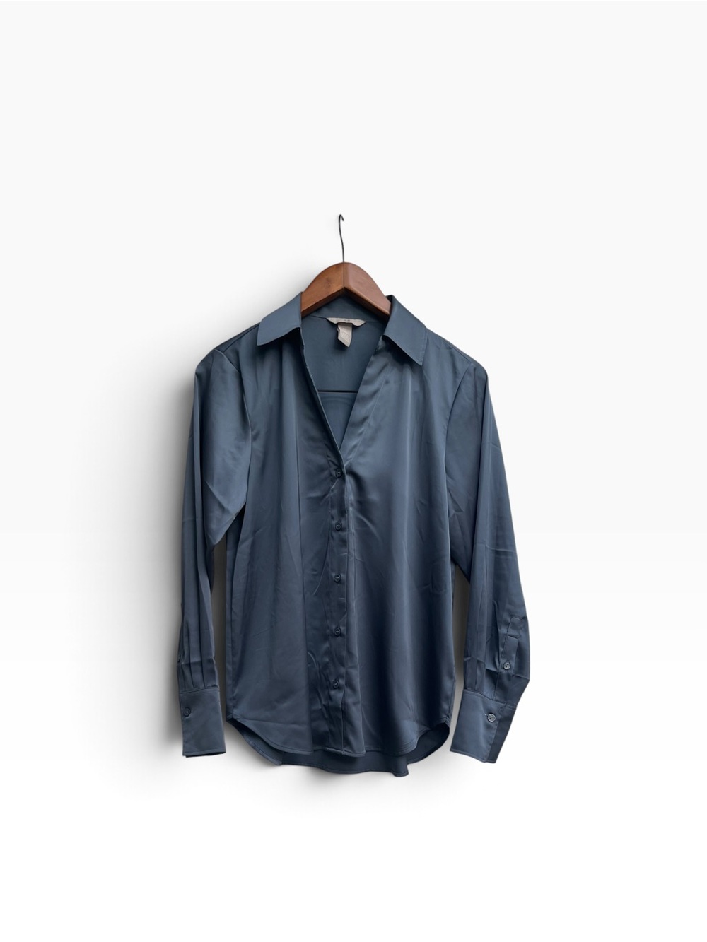 H&M Women's Satin Button-Front Blouse in Slate Blue